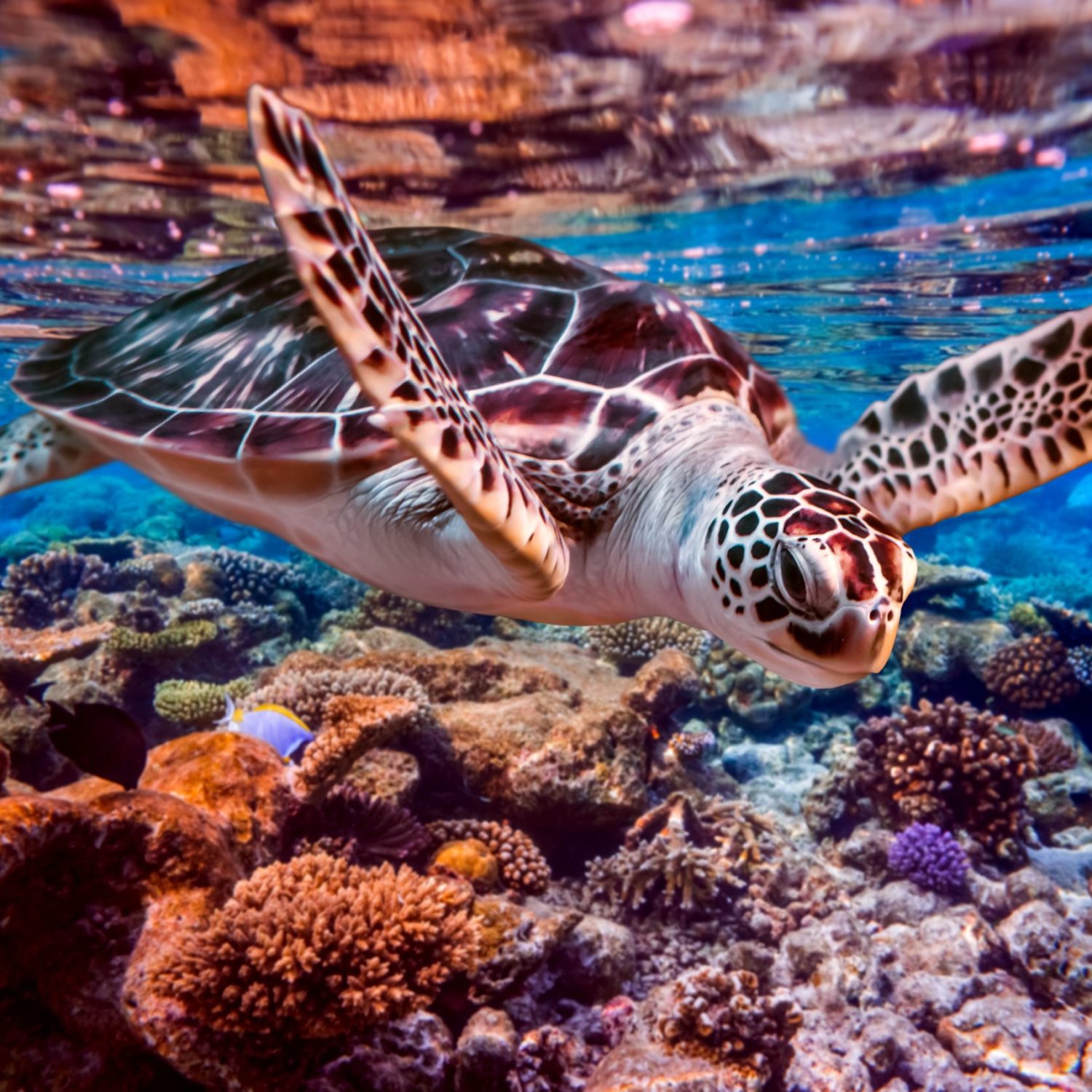 Sea Turtle Swims Under Water On The Background Of Coral Reefs